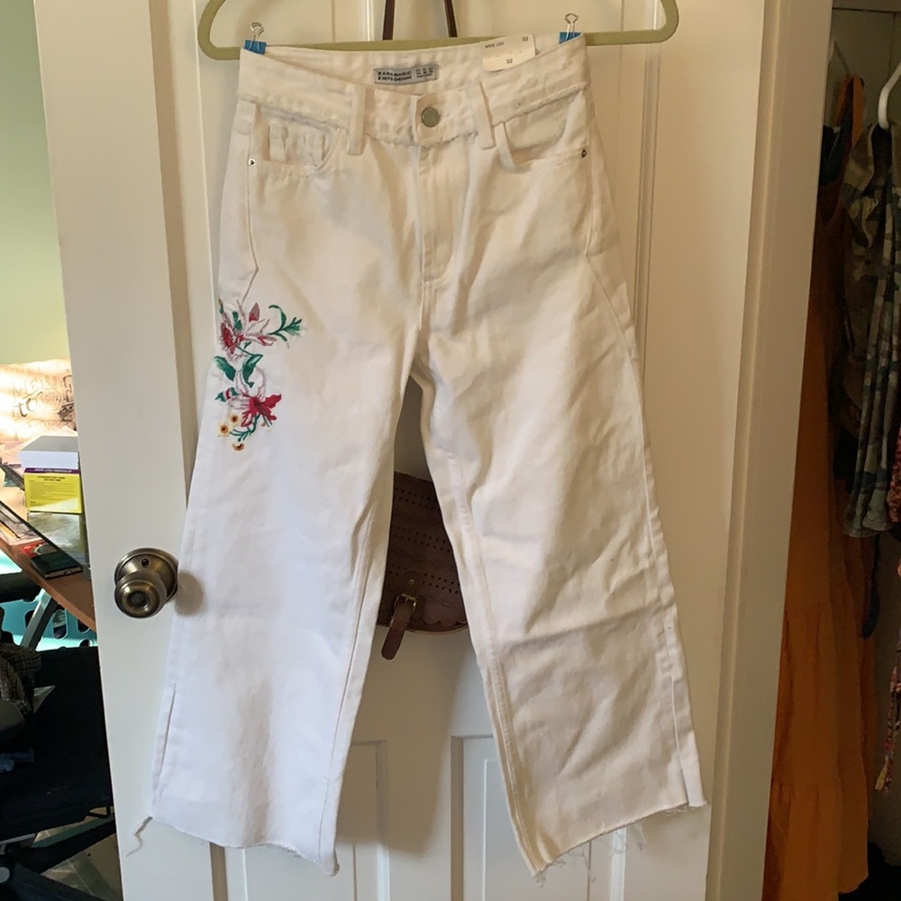 Wide leg white embroidered jeans
